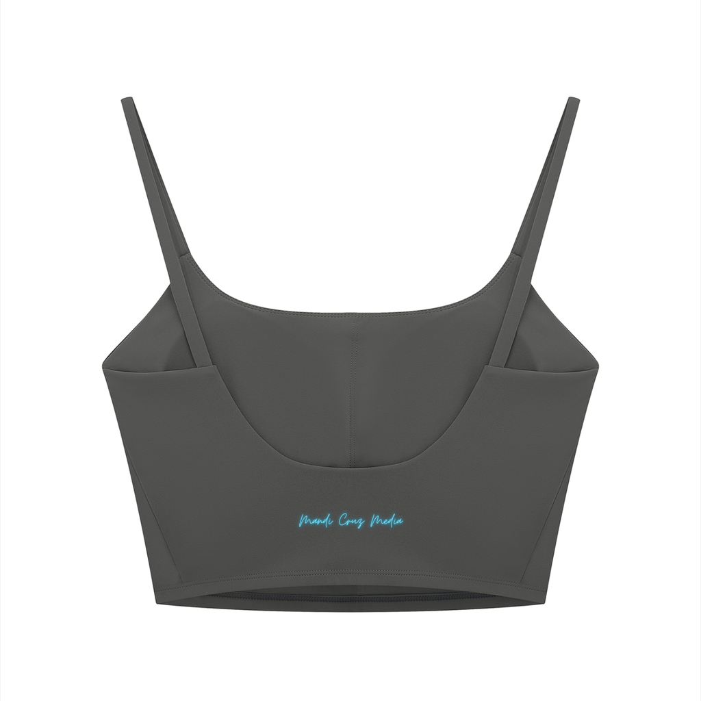 Back view of the Dark Gray Neon THC Molecule Crop Tank featuring the Mandi Cruz Media script wordmark.