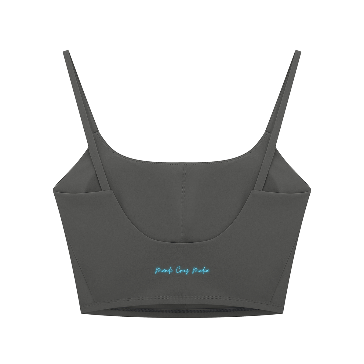 Back view of the Dark Gray Neon THC Molecule Crop Tank featuring the Mandi Cruz Media script wordmark.