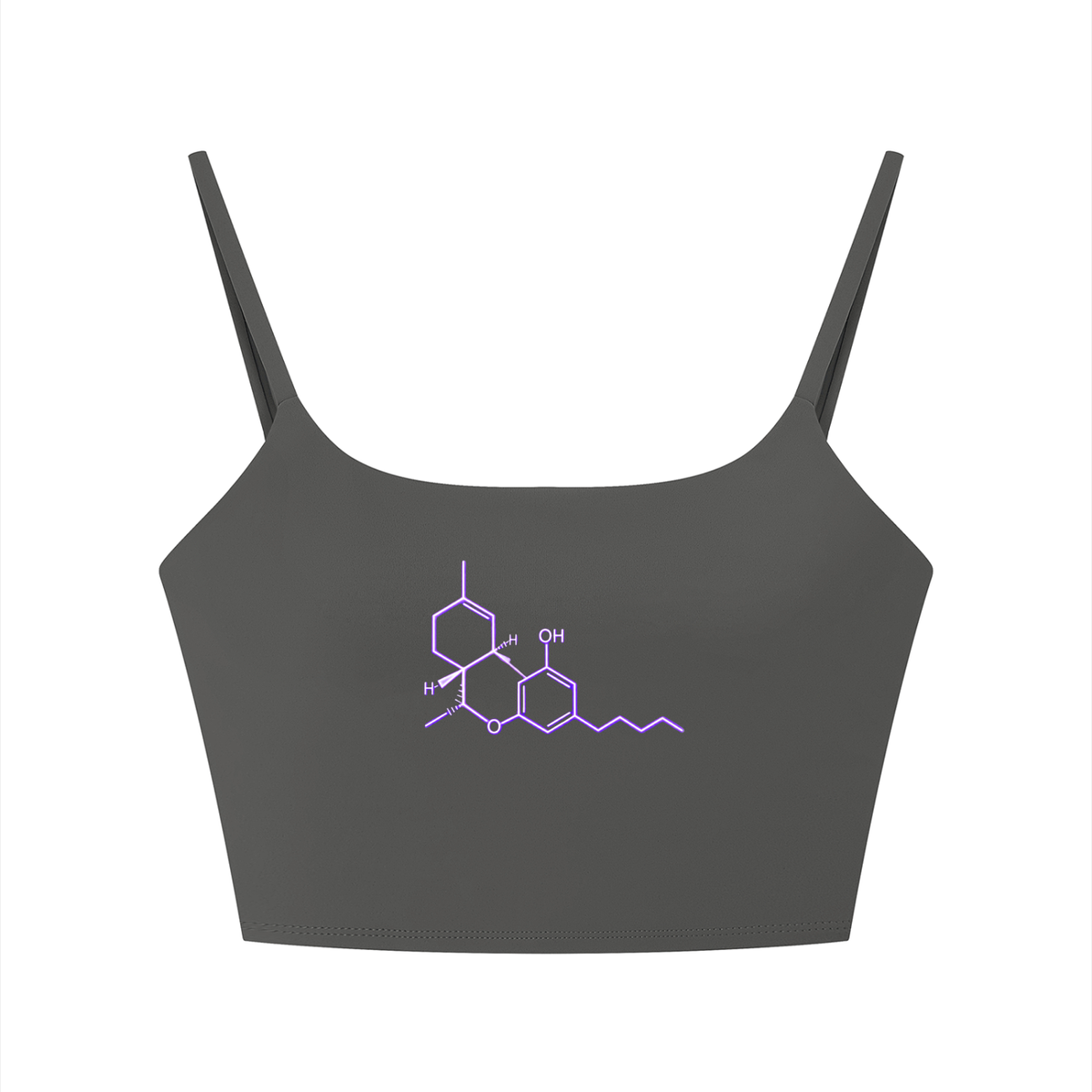 Front view of the Dark Gray Neon THC Molecule Crop Tank featuring Mandi Cruz Media THC molecular artwork.