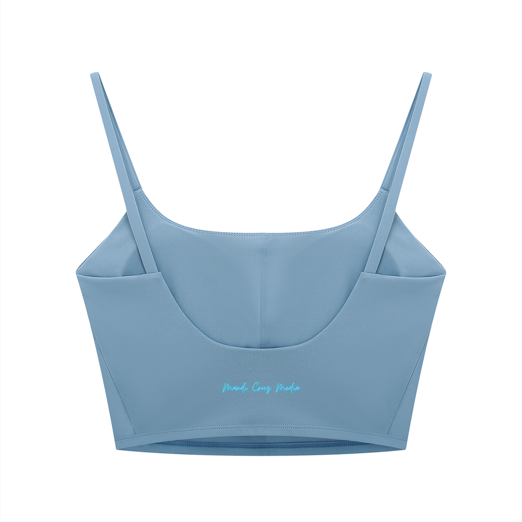 Back view of the Gray Blue Neon THC Molecule Crop Tank featuring signature Mandi Cruz Media branding.
