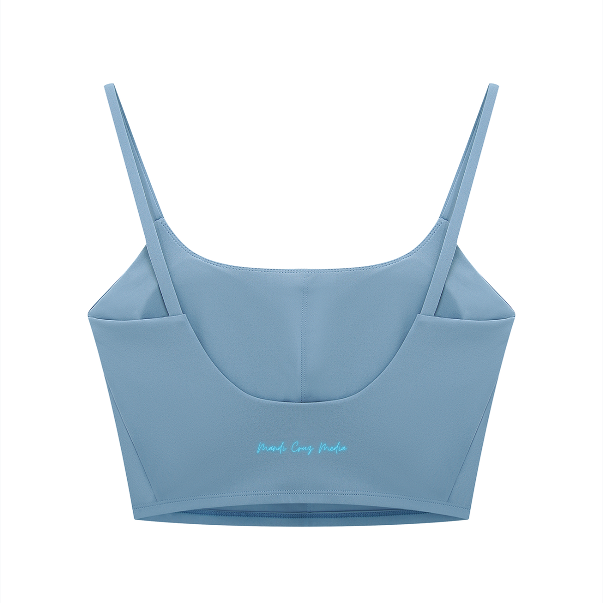 Back view of the Gray Blue Neon THC Molecule Crop Tank featuring signature Mandi Cruz Media branding.