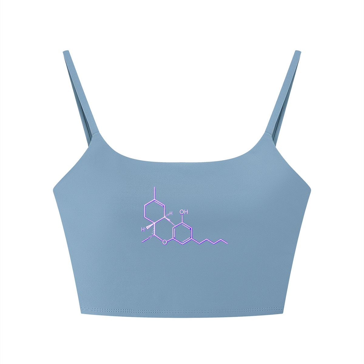Front view of the Gray Blue Neon THC Molecule Crop Tank featuring ultraviolet THC molecular artwork.