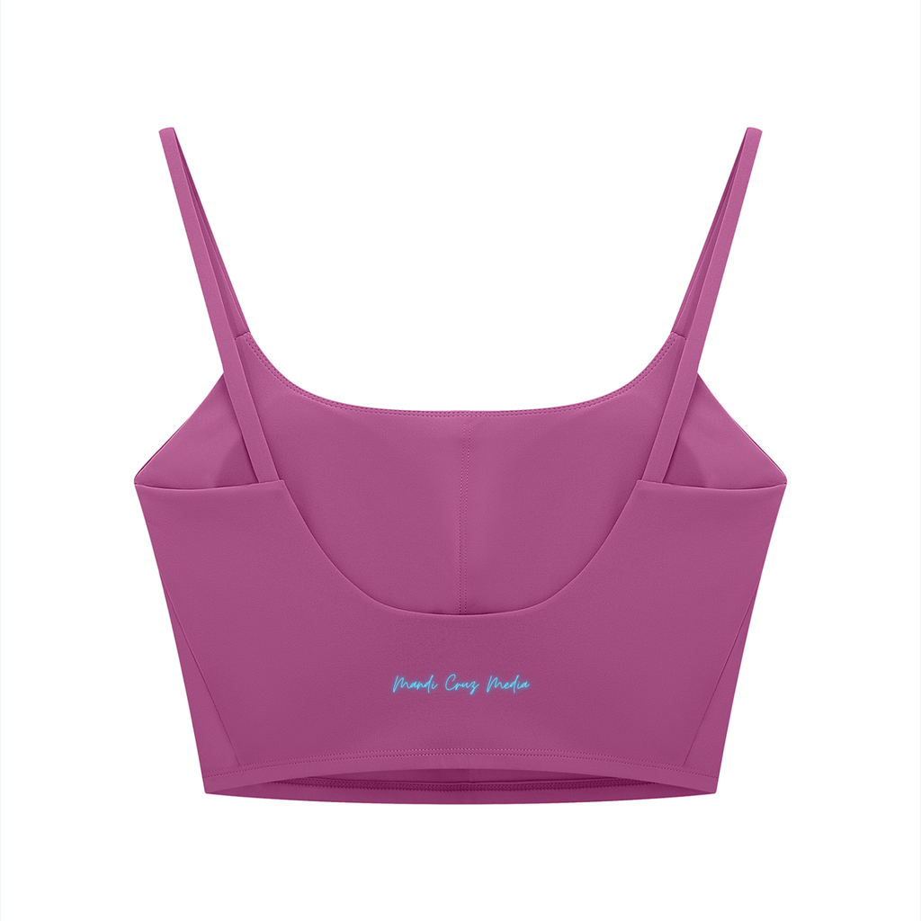 Front view of the black Neon THC Molecule Back view of the purple Neon THC Molecule Crop Tank featuring the Mandi Cruz Media signature wordmark.
