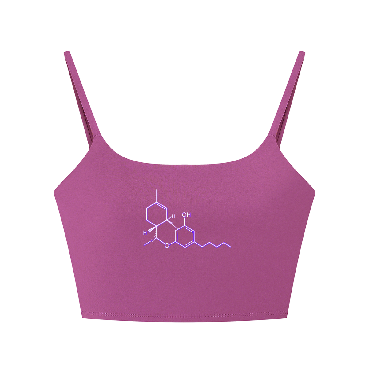 Front view of the purple Neon THC Molecule Crop Tank featuring THC molecular artwork in ultraviolet linework.