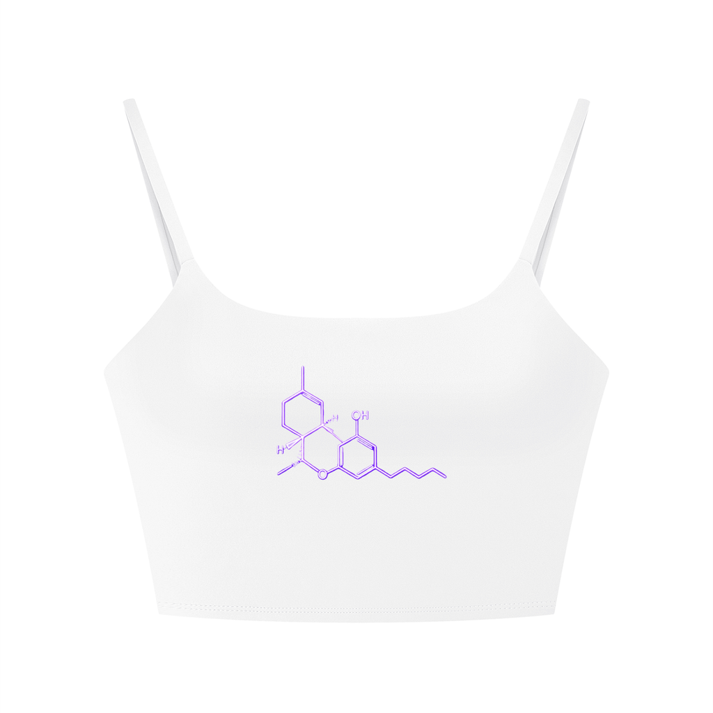 Front view of the white Neon THC Molecule Crop Tank featuring ultraviolet THC molecular artwork by Mandi Cruz Media.