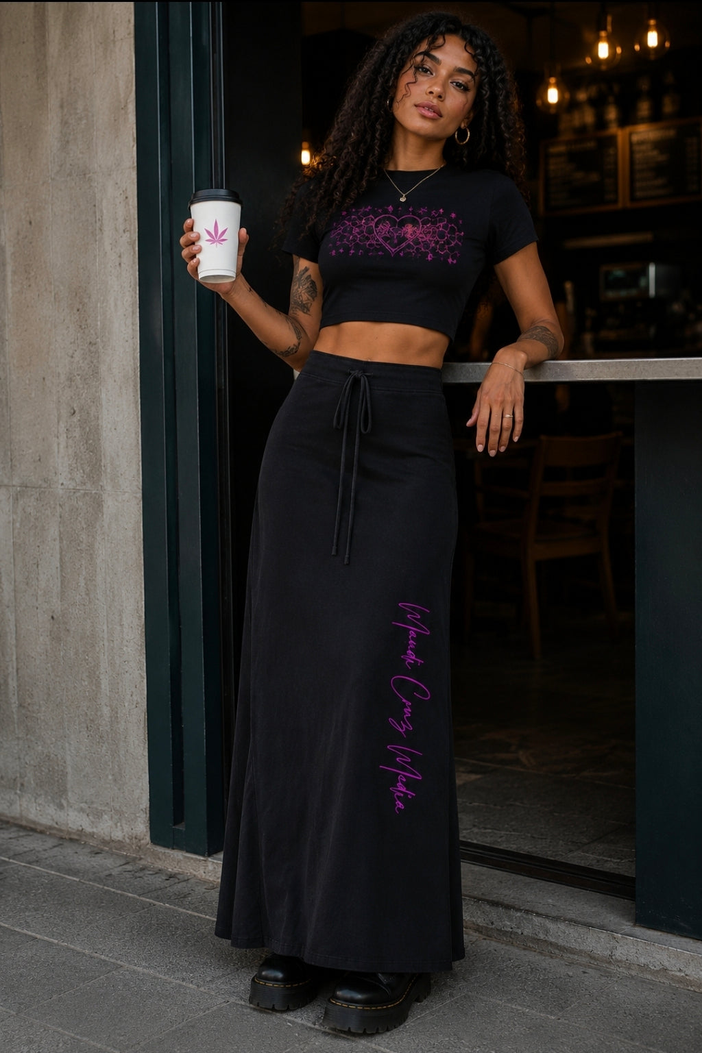 Pink Leaf Vintage Wash Drawstring Maxi Skirt