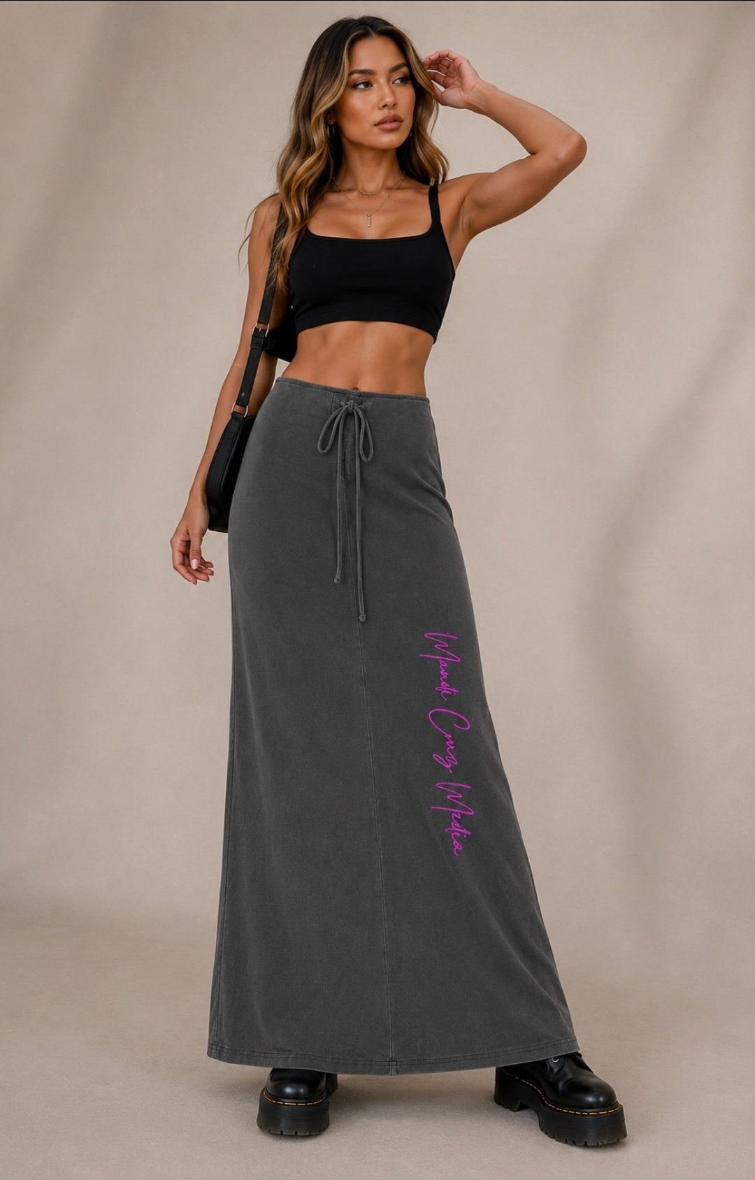 Pink Leaf Vintage Wash Drawstring Maxi Skirt