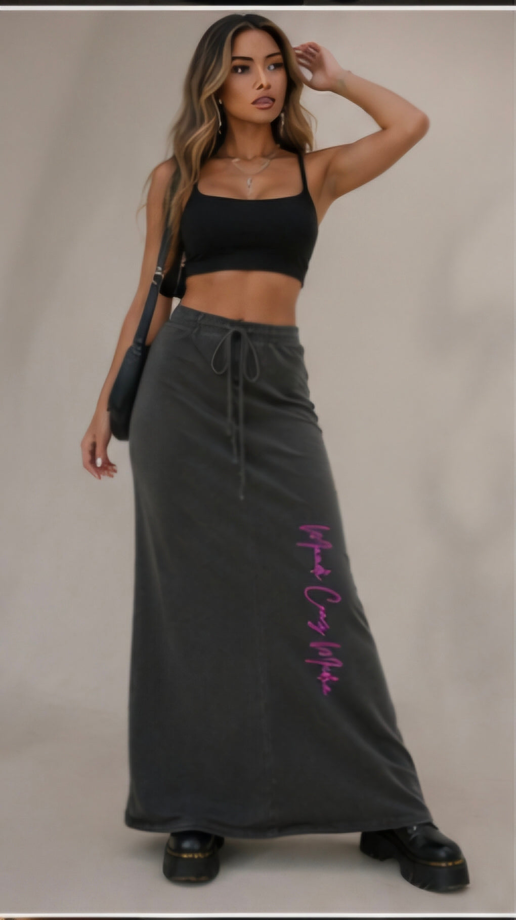 Pink Leaf Vintage Wash Drawstring Maxi Skirt