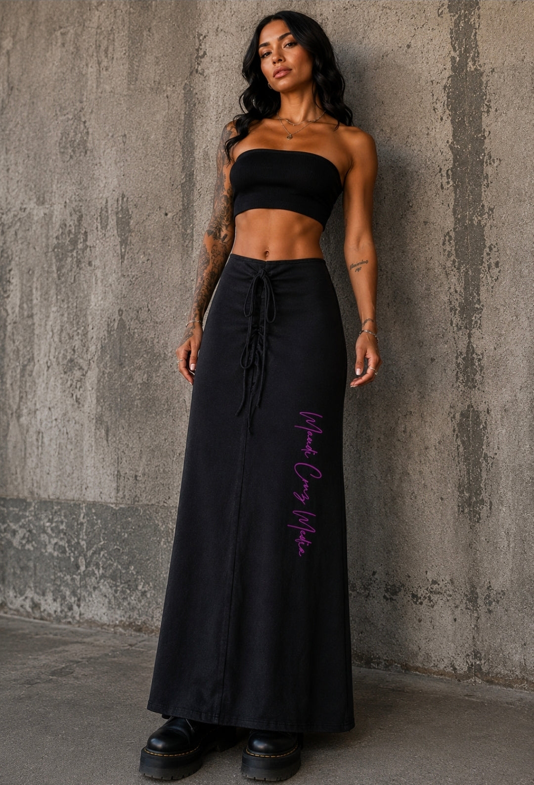 Pink Leaf Vintage Wash Drawstring Maxi Skirt