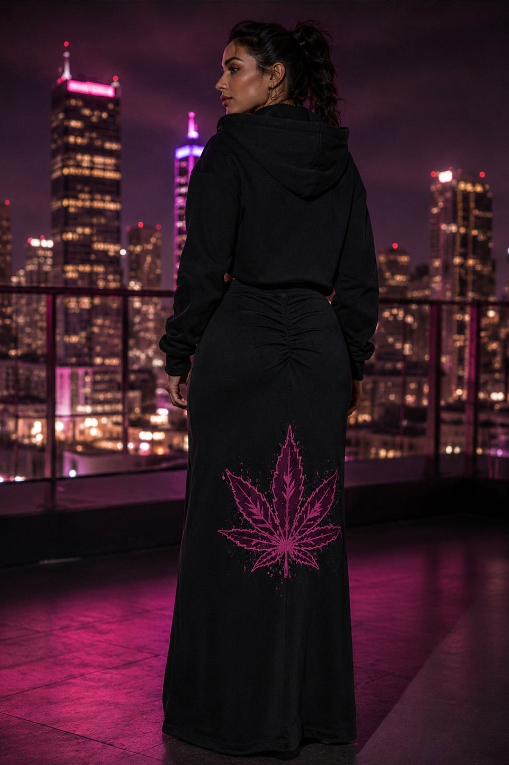 Pink Leaf Vintage Wash Drawstring Maxi Skirt