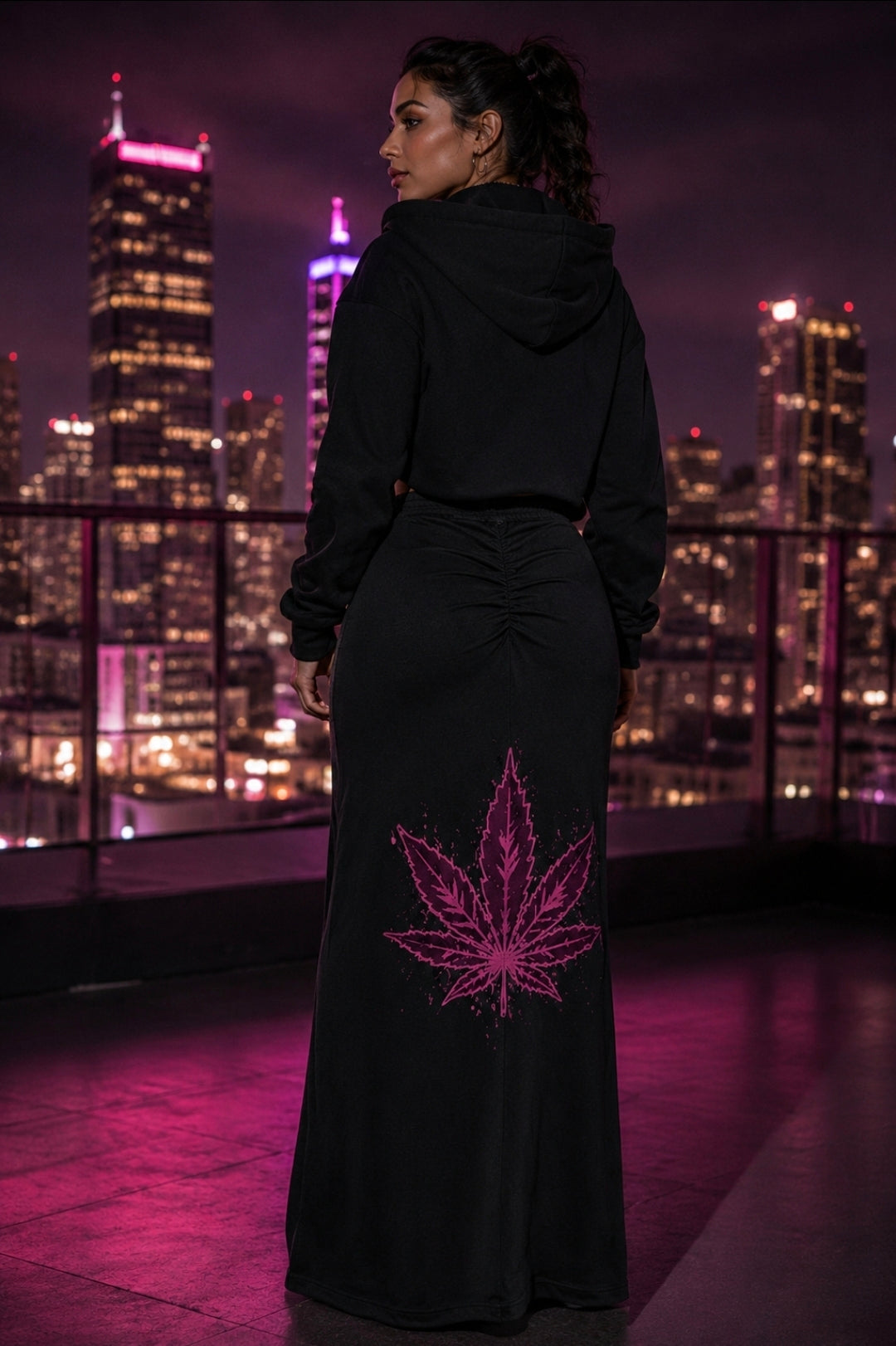 Pink Leaf Vintage Wash Drawstring Maxi Skirt