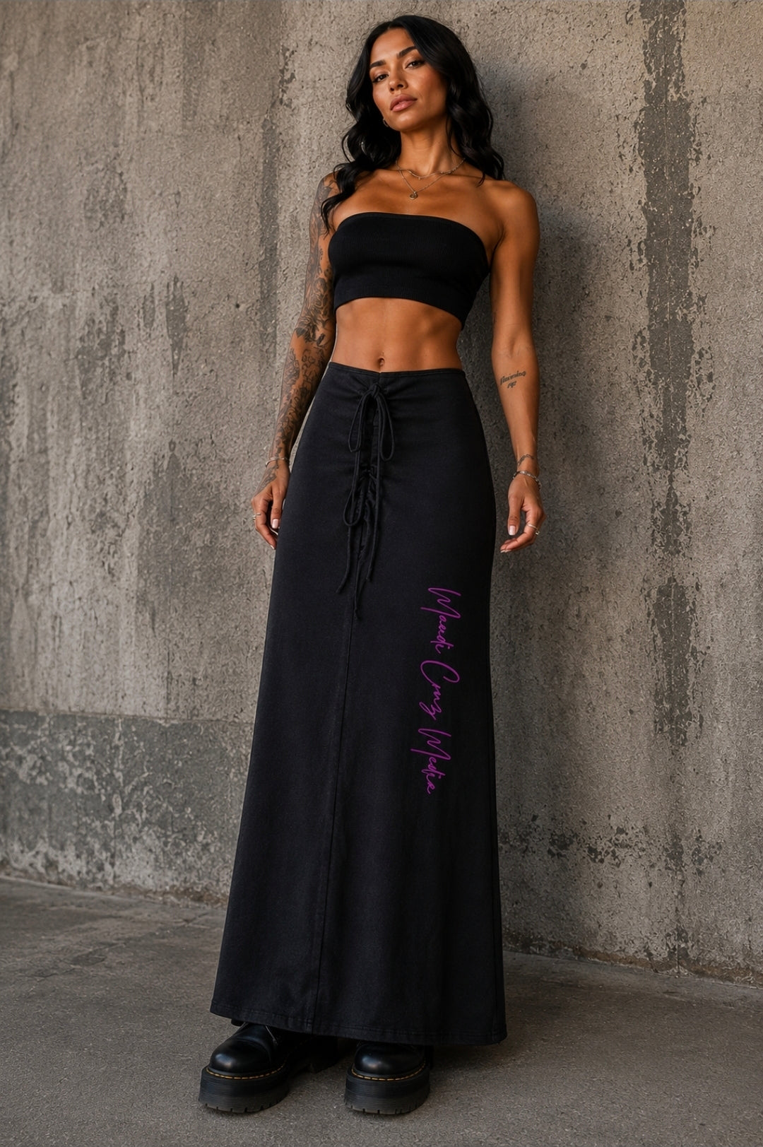 Pink Leaf Vintage Wash Drawstring Maxi Skirt
