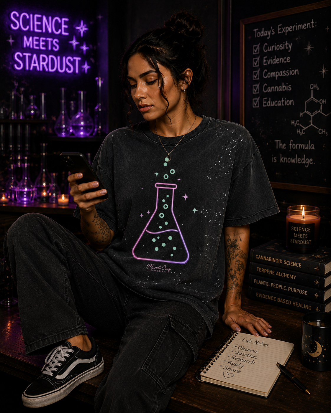 Front lifestyle view of a model wearing the black Mandi Cruz Media Science Meets Stardust™ Beaker T-shirt in a cosmic cannabis science lab setting.