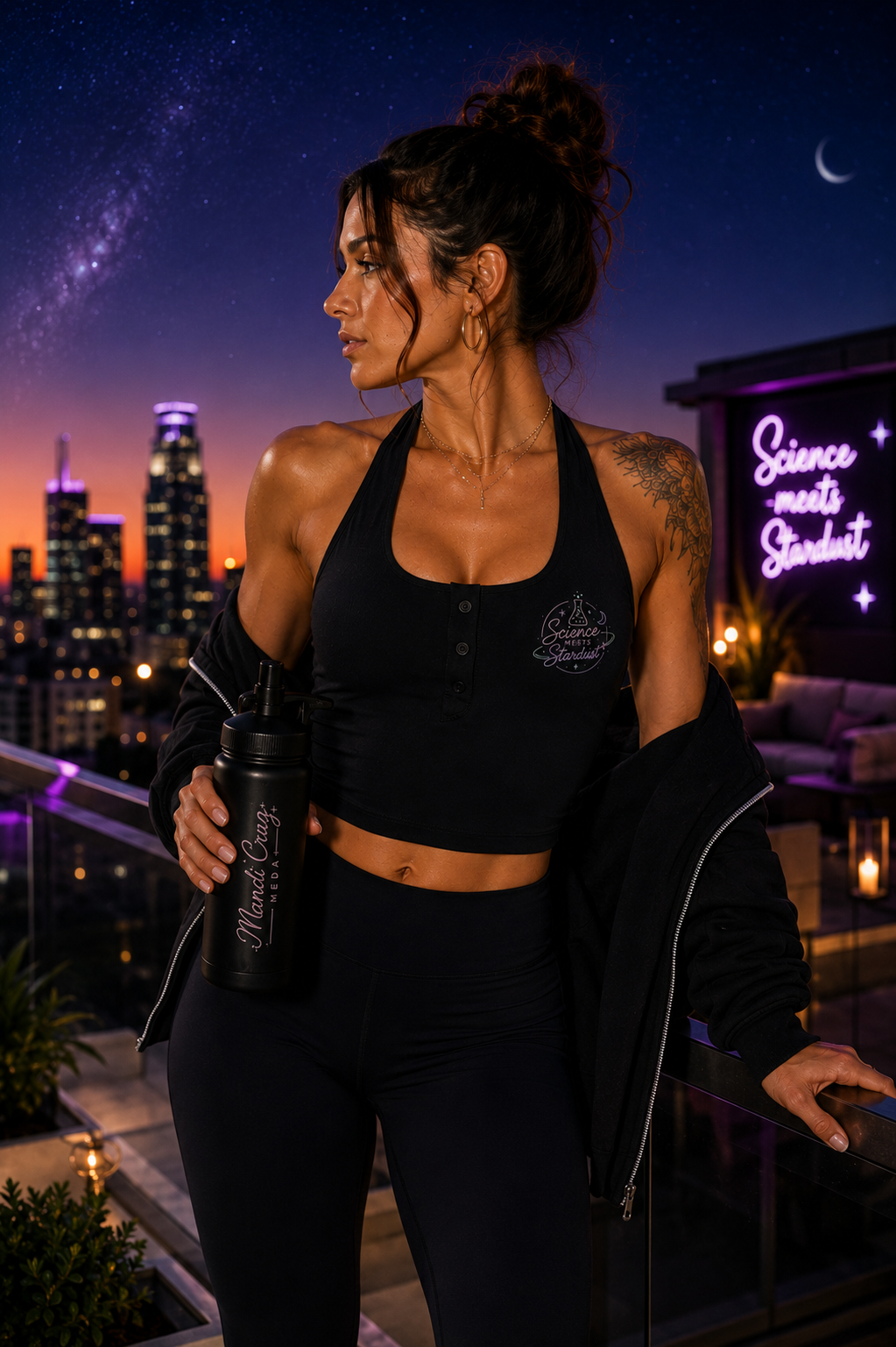 Black Science Meets Stardust™ halter yoga tank by Mandi Cruz Media styled for an active lifestyle.