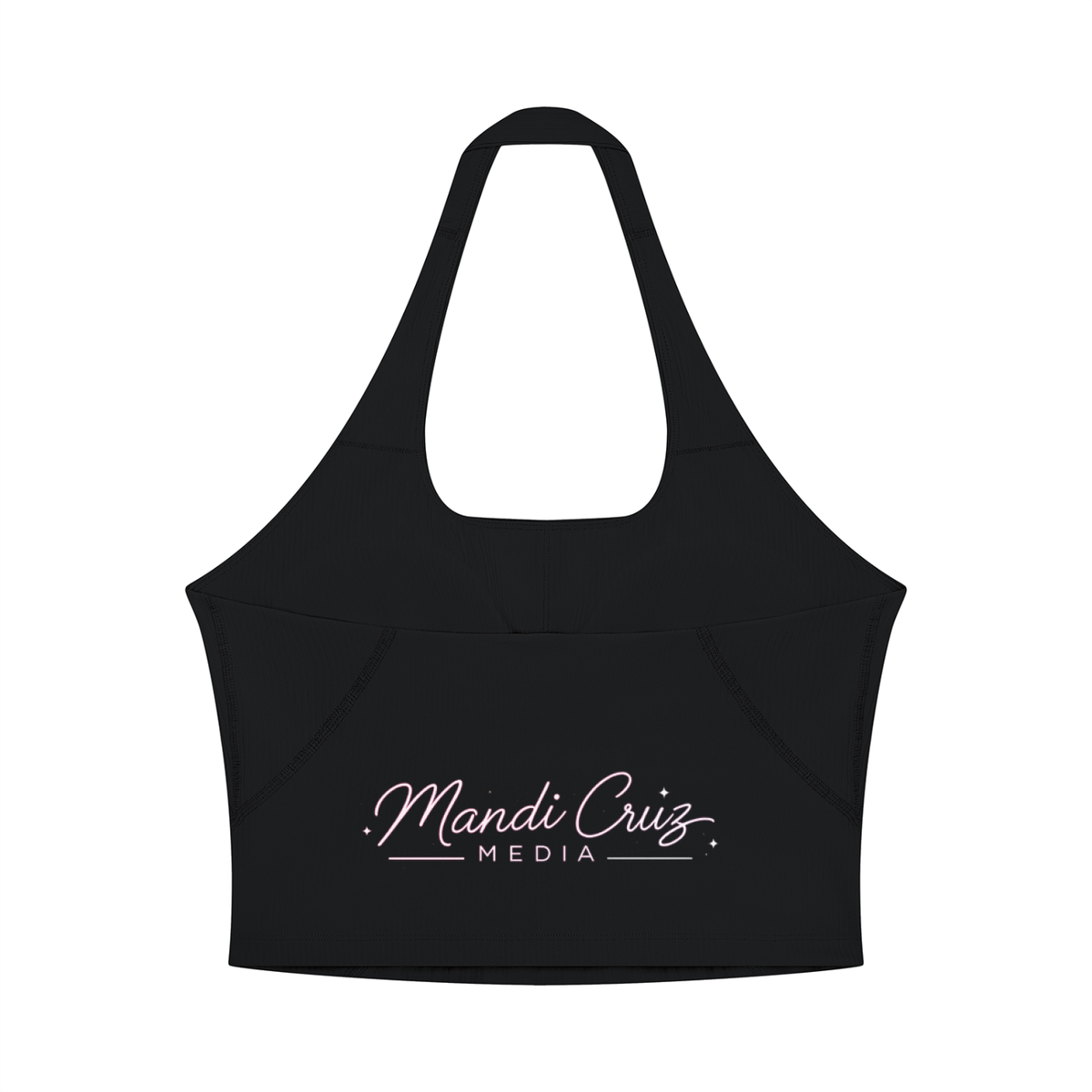 Back view of black Science Meets Stardust™ halter yoga tank by Mandi Cruz Media showing the open-back silhouette and signature logo.