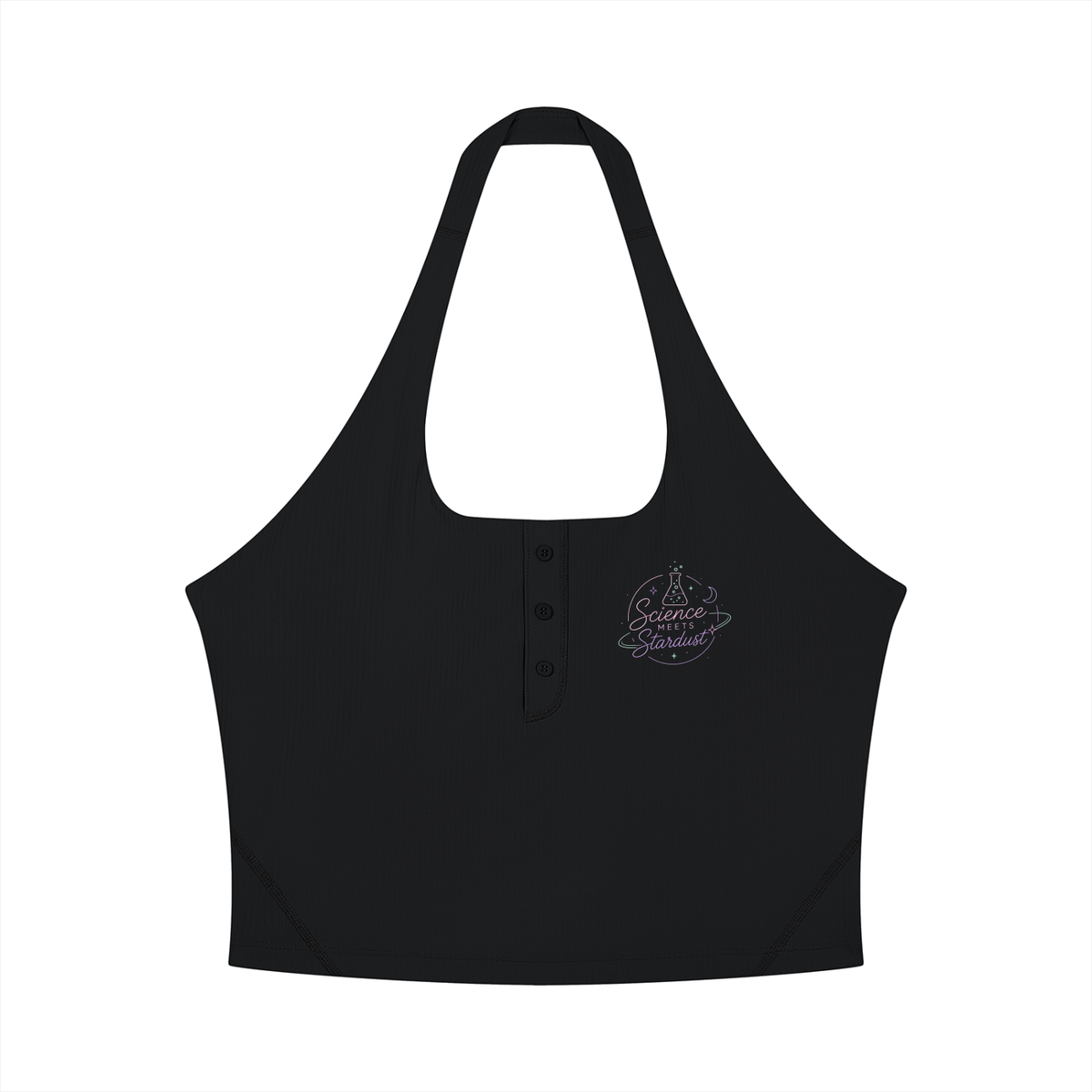 Front view of black Science Meets Stardust™ women's halter yoga tank by Mandi Cruz Media with minimalist chest graphic.
