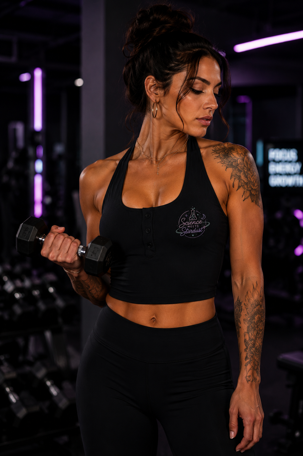 Science Meets Stardust™ women's halter yoga tank by Mandi Cruz Media styled as casual everyday athleisure.
