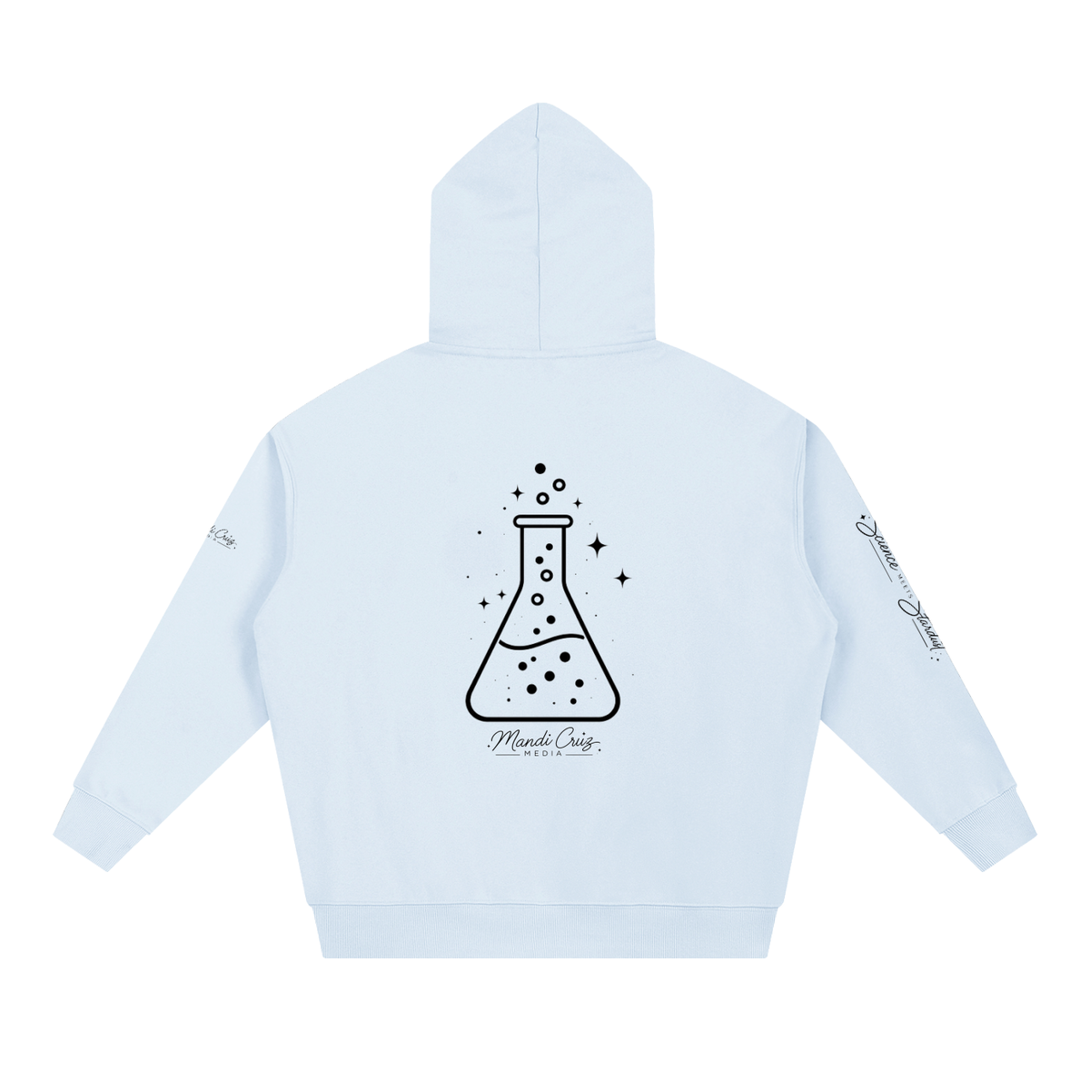Back view of blue Science Meets Stardust™ heavyweight hoodie featuring the Mandi Cruz Media beaker artwork