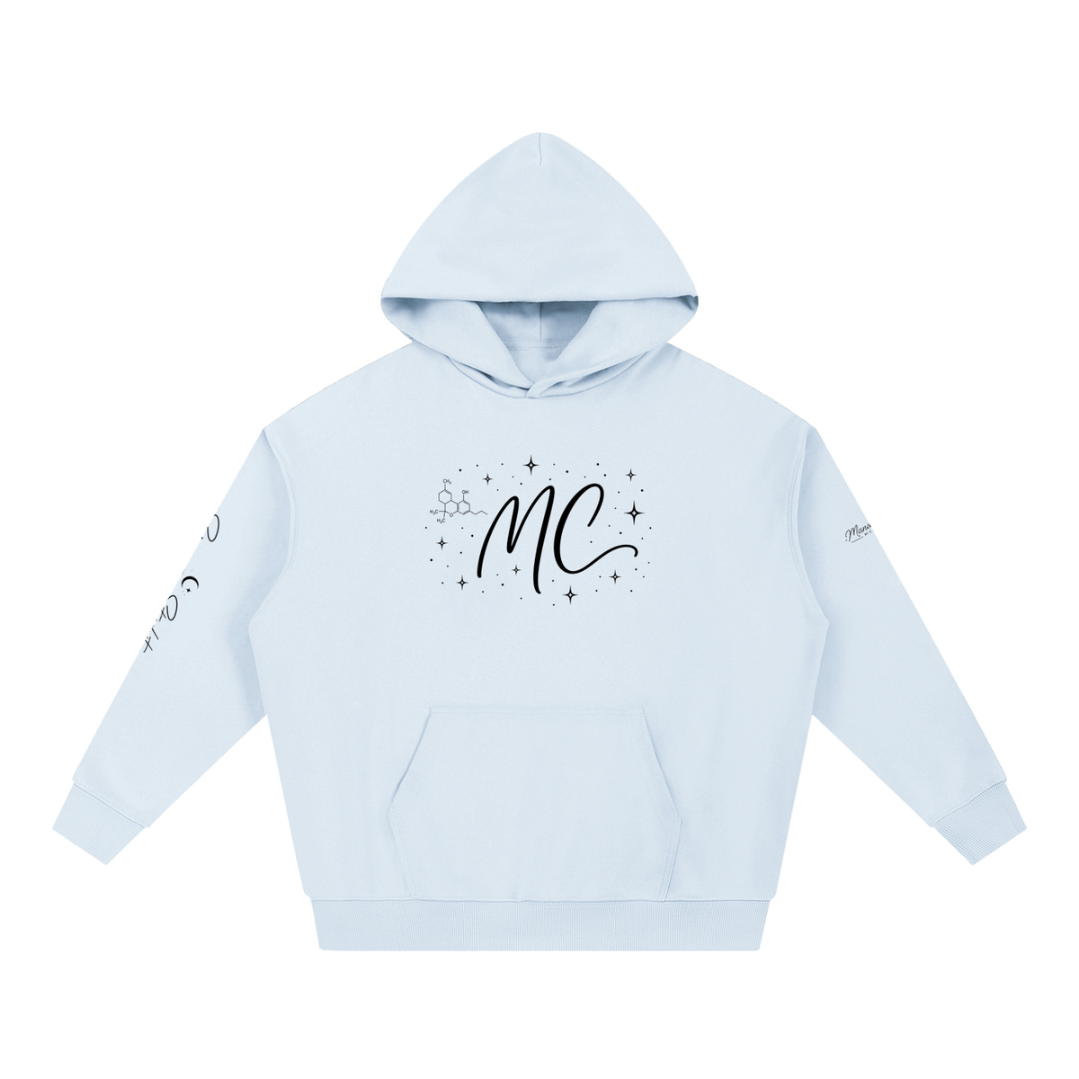 Front view of blue Science Meets Stardust™ heavyweight hoodie by Mandi Cruz Media with MC chest graphic and oversized unisex fit.