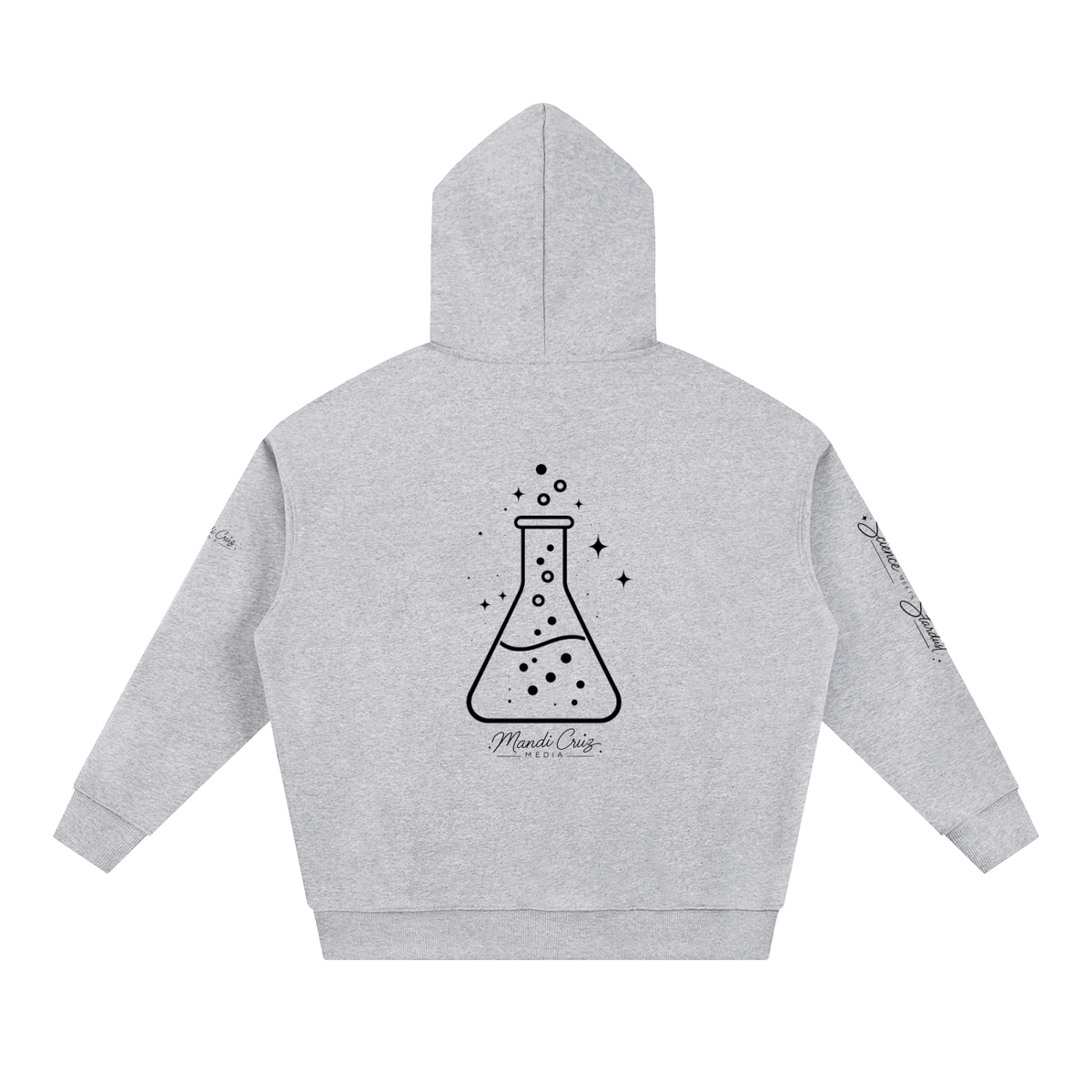 Back view of Flower Gray Science Meets Stardust™ heavyweight hoodie featuring the full Science Meets Stardust™ beaker artwork.