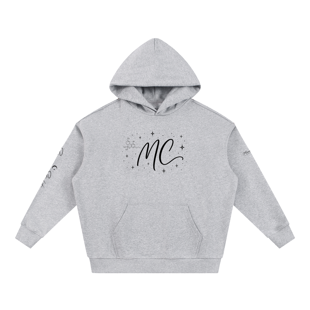 Front view of Flower Gray Science Meets Stardust™ heavyweight hoodie by Mandi Cruz Media with chest and sleeve graphics.