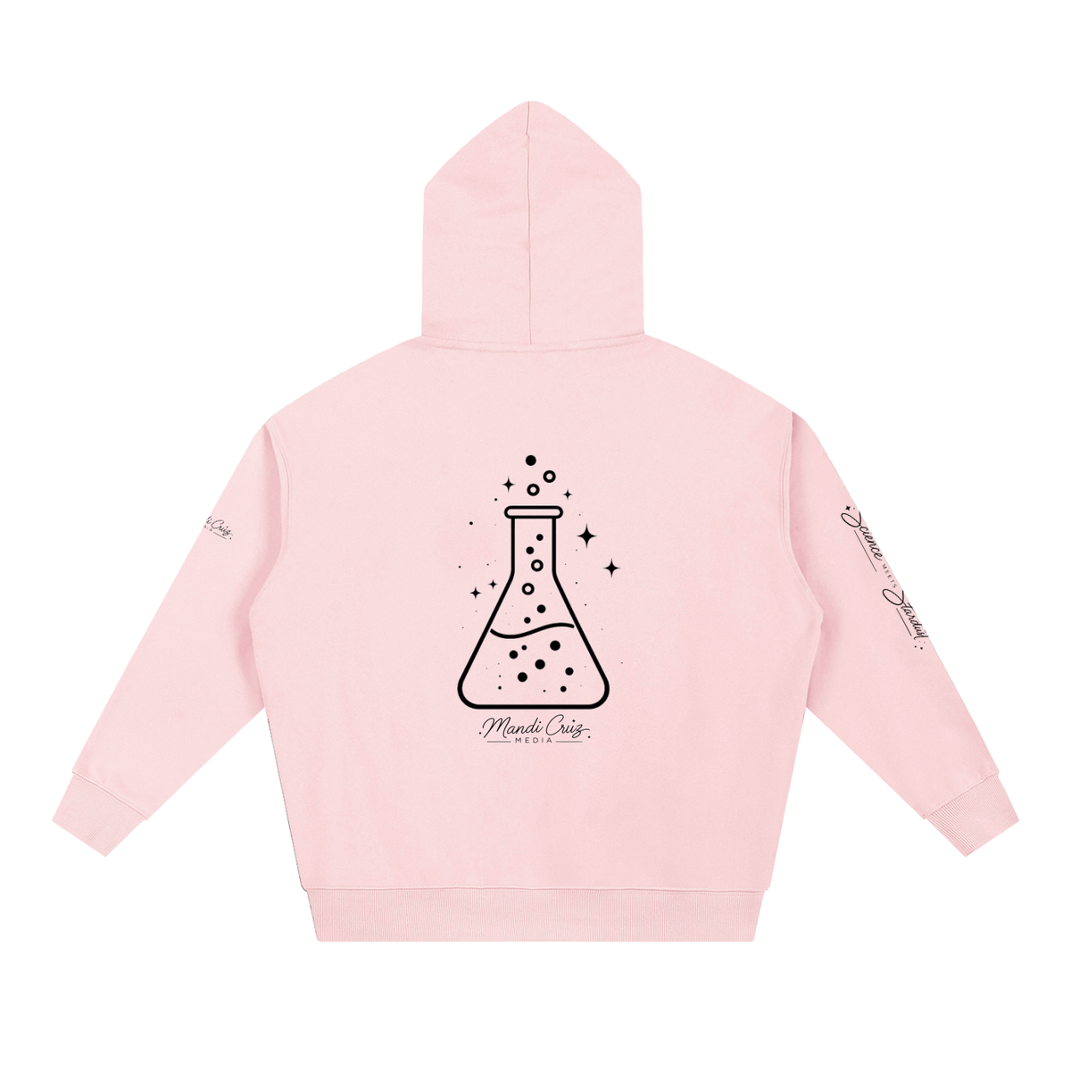 Back view of pink Science Meets Stardust™ heavyweight hoodie by Mandi Cruz Media featuring the full beaker graphic.