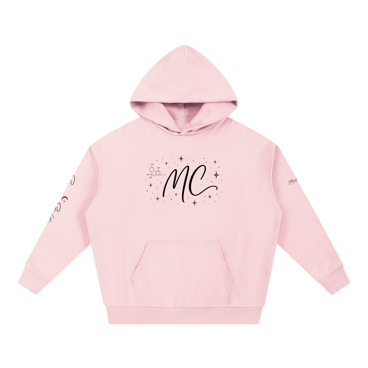 Front view of pink Science Meets Stardust™ heavyweight hoodie by Mandi Cruz Media with MC chest graphic and relaxed unisex fit.