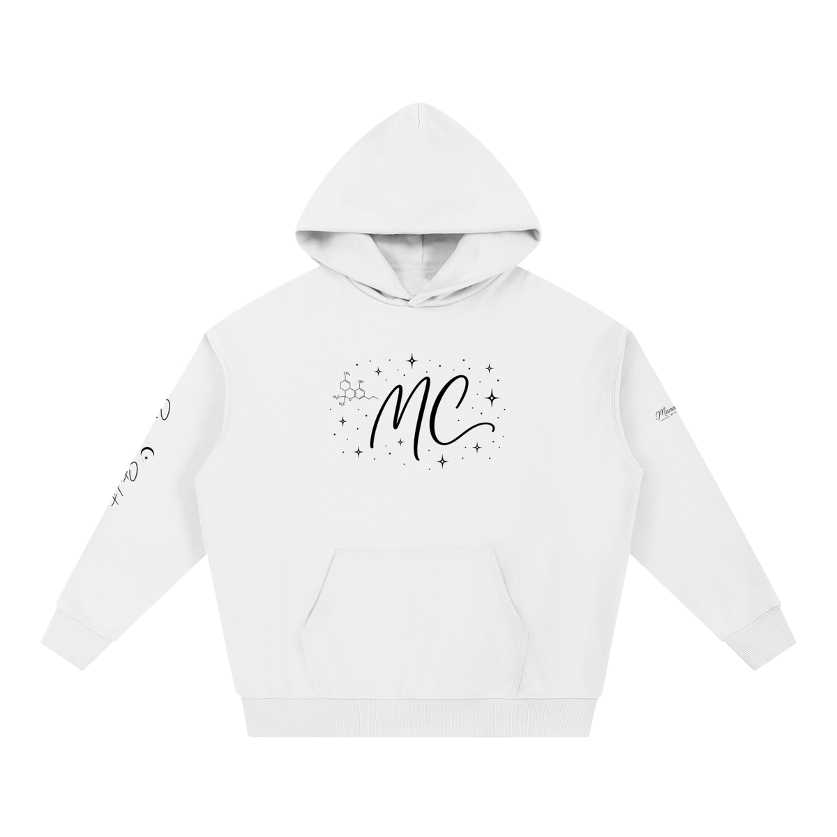 Front view of white Science Meets Stardust™ heavyweight hoodie by Mandi Cruz Media with MC chest and signature sleeve graphics.