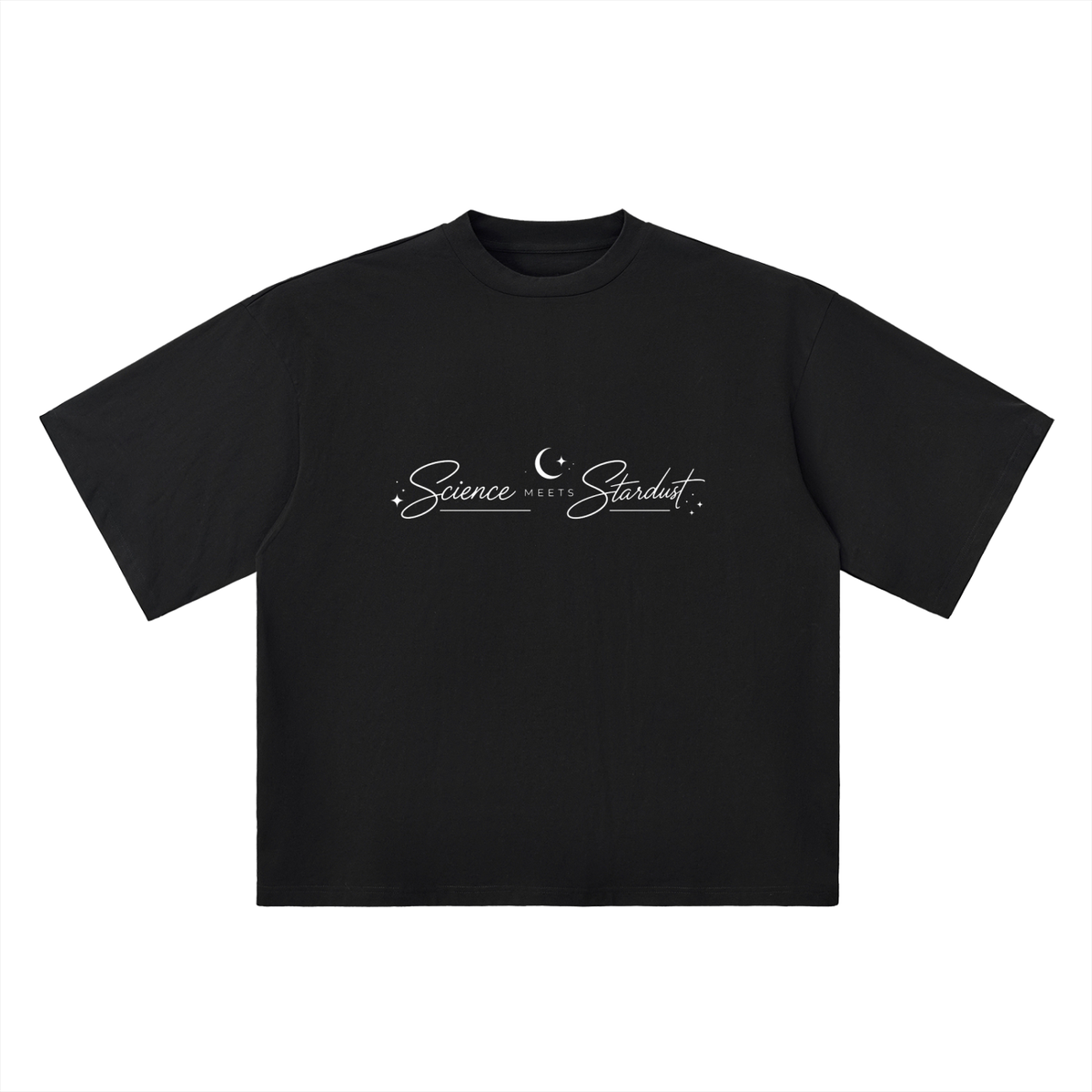 Front view of black Science Meets Stardust™ oversized drop shoulder T-shirt by Mandi Cruz Media with premium heavyweight unisex fit.