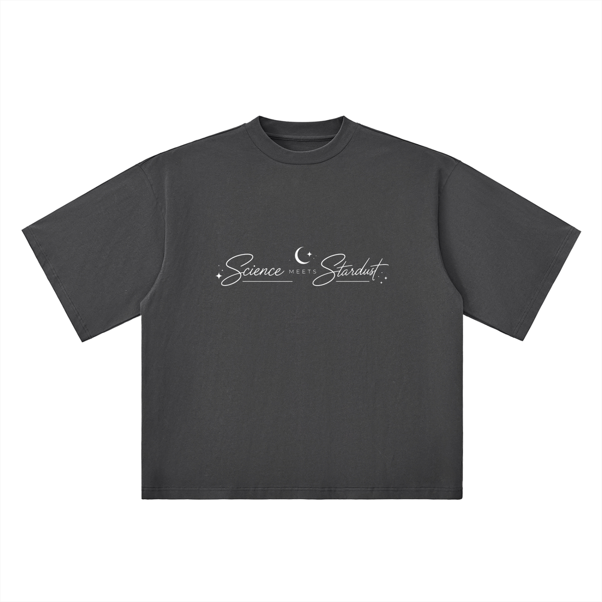 Front view of dark gray Science Meets Stardust™ oversized drop shoulder T-shirt by Mandi Cruz Media with relaxed unisex silhouette.