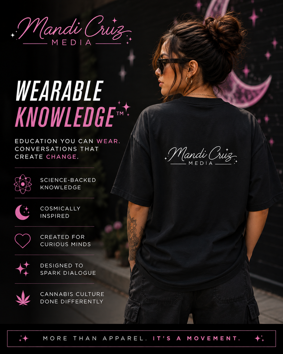 Lifestyle back view of the Mandi Cruz Media Science Meets Stardust™ oversized T-shirt showing the cannabinoid and cosmic graphic design.