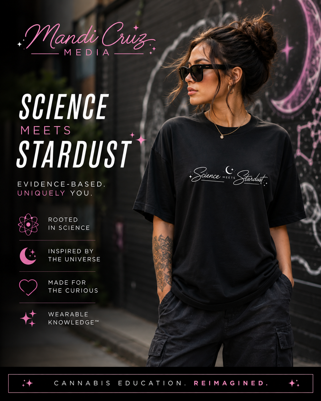 Lifestyle front view of the Mandi Cruz Media Science Meets Stardust™ oversized drop shoulder T-shirt styled as premium science-inspired streetwear.