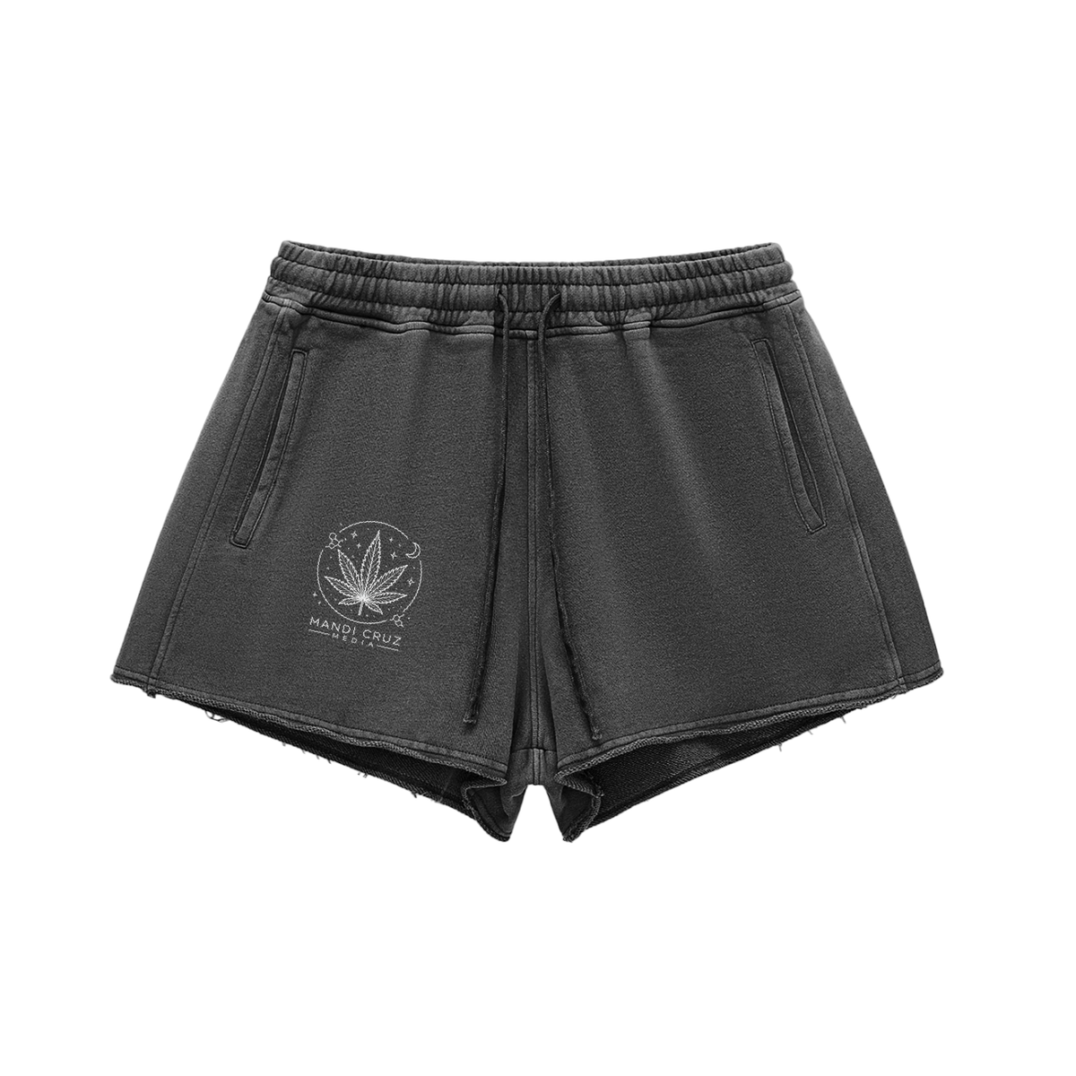 Science Meets Stardust™ black snow-washed lounge shorts by Mandi Cruz Media with cosmic leaf front graphic and drawstring waist