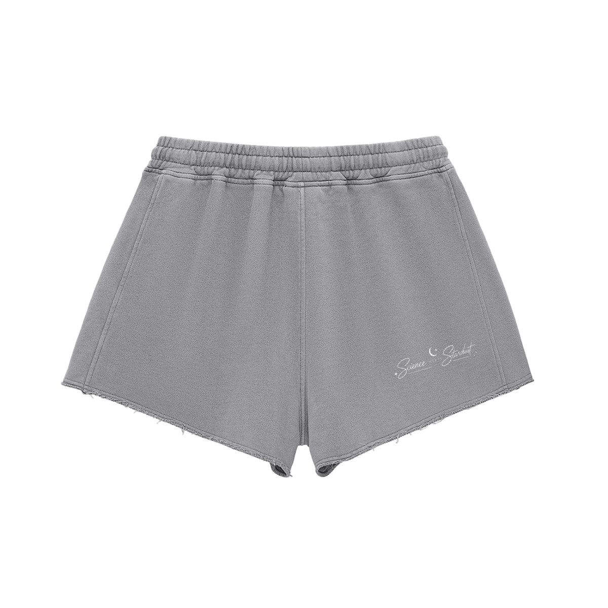 Back view of gray Science Meets Stardust™ snow-washed lounge shorts by Mandi Cruz Media with signature script artwork