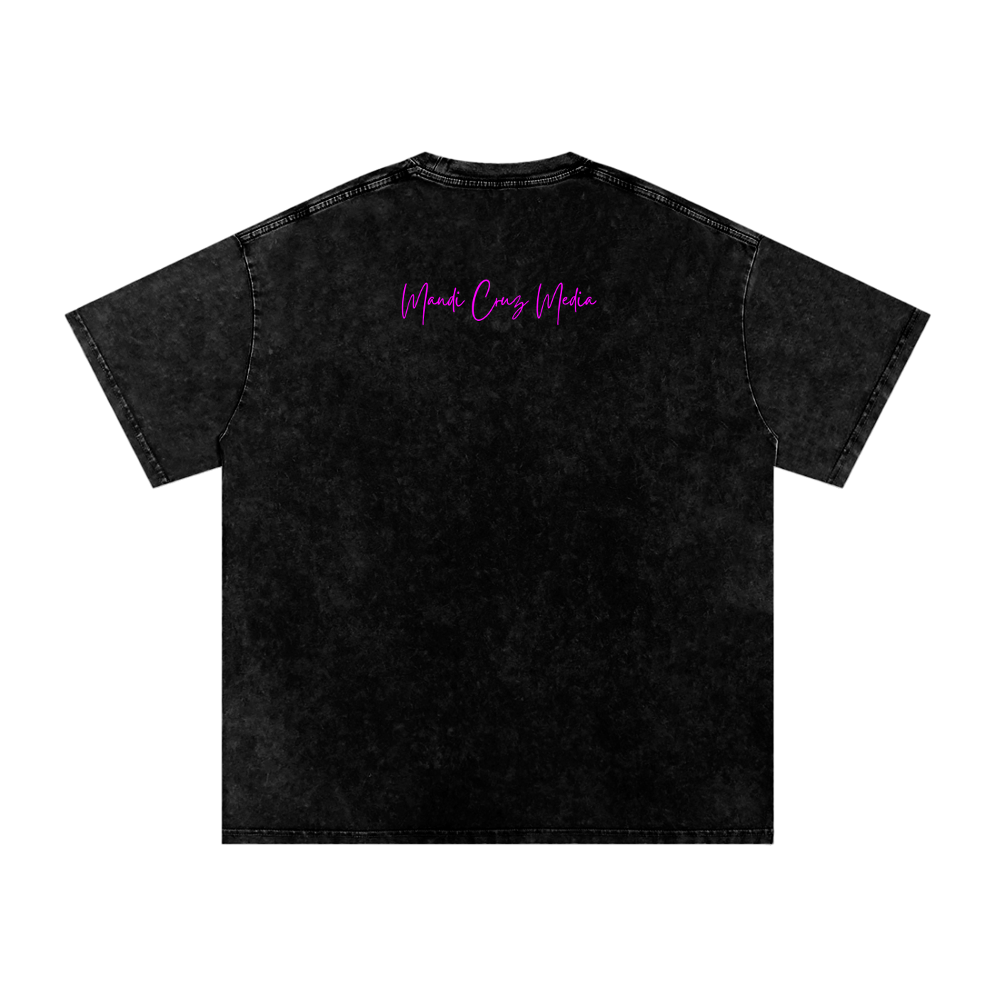 Back view of the black Science Meets Stardust™ oversized acid wash tee by Mandi Cruz Media showing the vintage acid-wash finish.