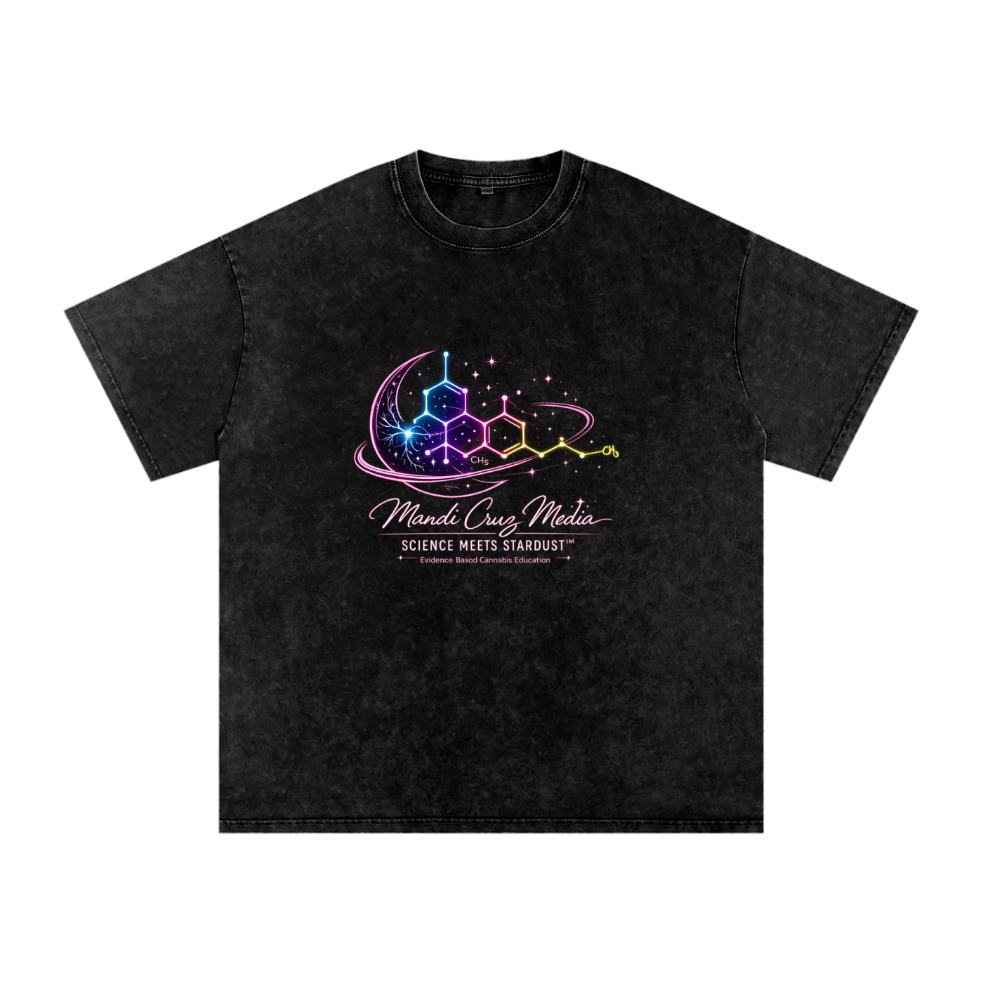 Front view of the black Science Meets Stardust™ oversized acid wash tee featuring vibrant THC molecular and celestial artwork.