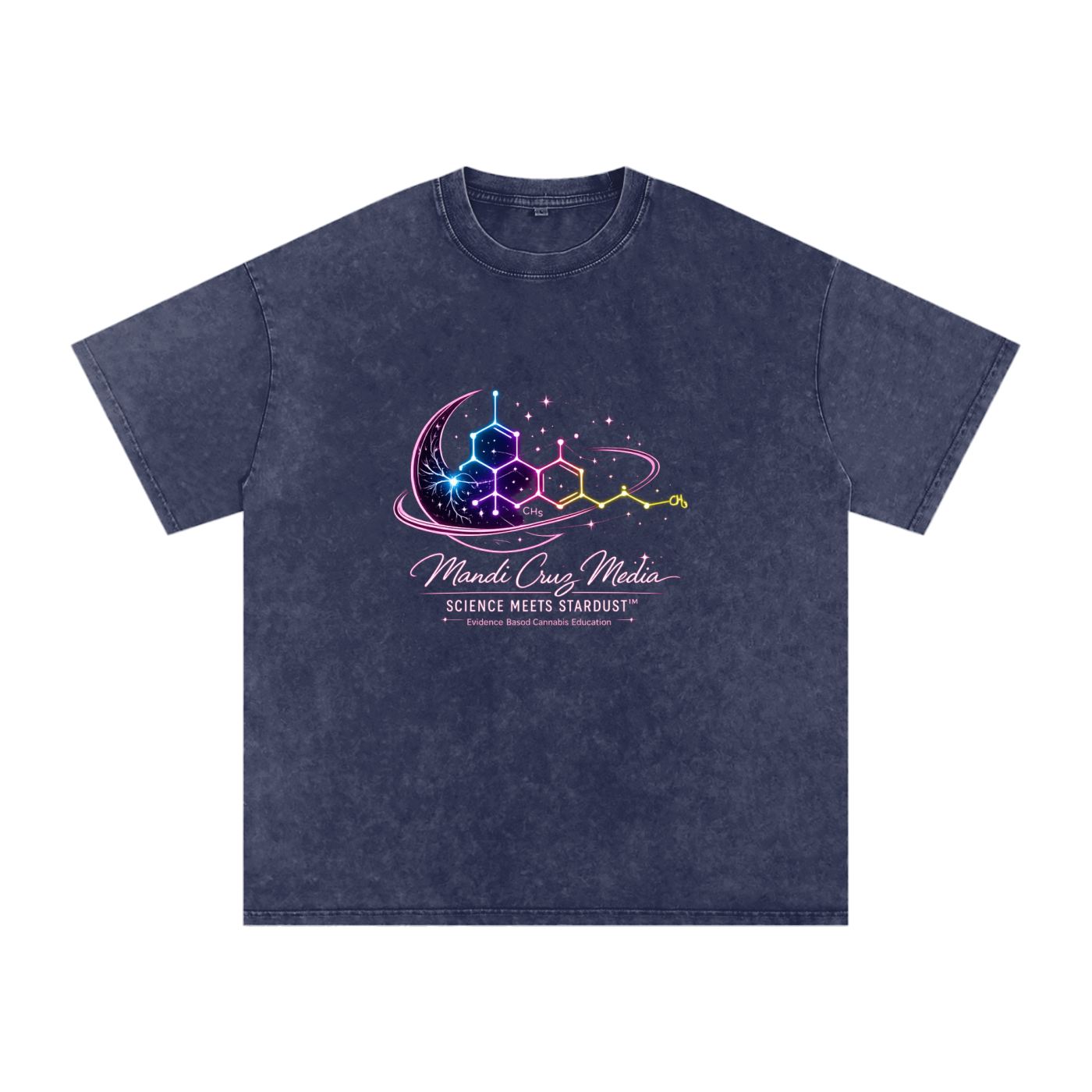 Front view of the Dark Blue Science Meets Stardust™ oversized acid wash tee featuring colorful THC molecular and cosmic artwork.