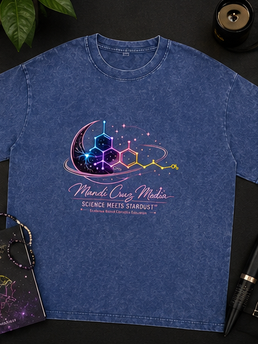 Close-up of the Science Meets Stardust™ tee showing the colorful THC molecular structure and celestial graphic details.