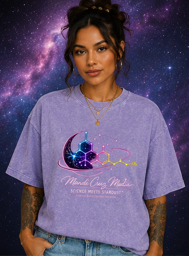 Front lifestyle view of a woman wearing the Light Purple Science Meets Stardust™ oversized acid wash tee featuring colorful THC molecule and celestial artwork against a galaxy-inspired background.