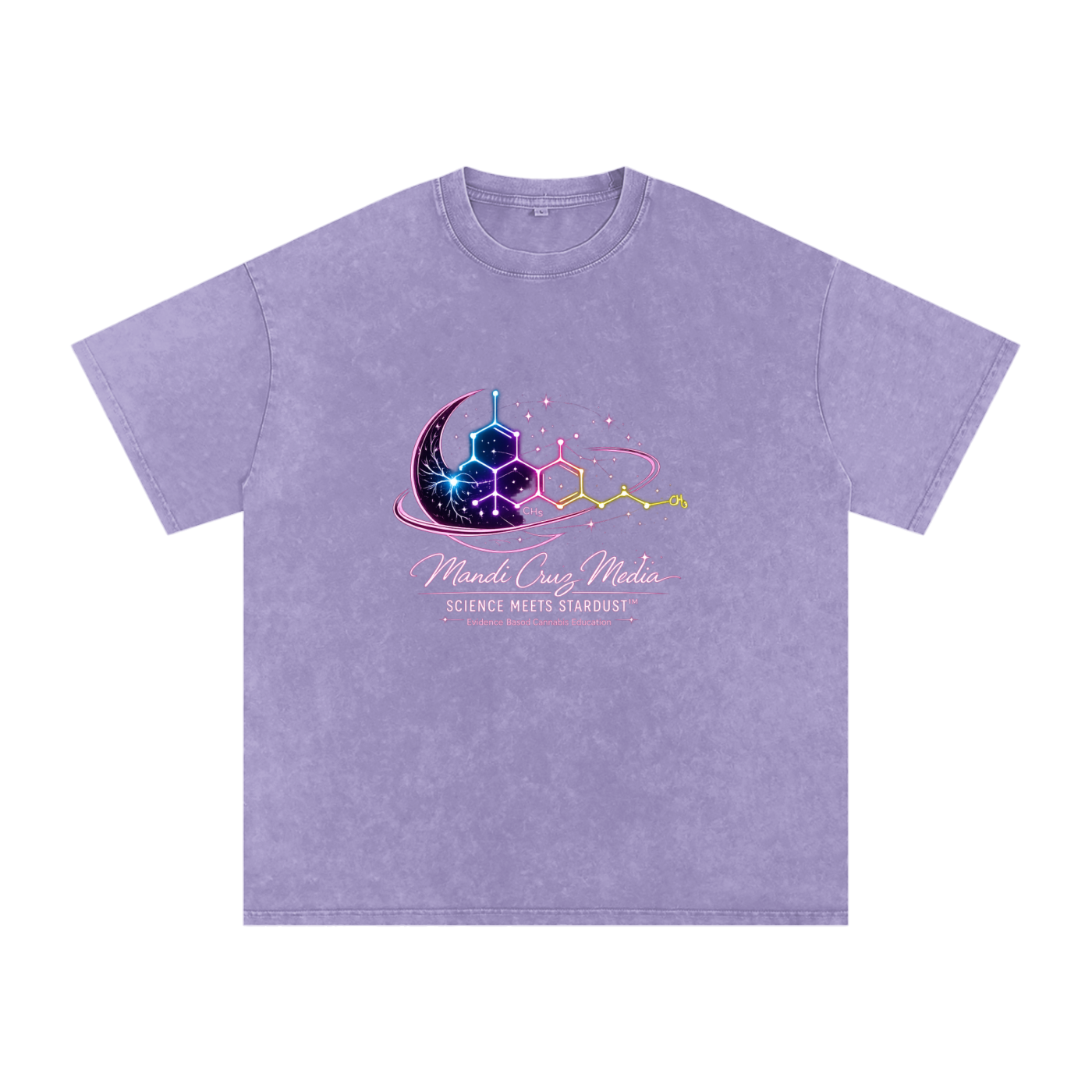 Front view of the Light Purple Science Meets Stardust™ oversized acid wash tee featuring colorful THC molecule and celestial artwork.