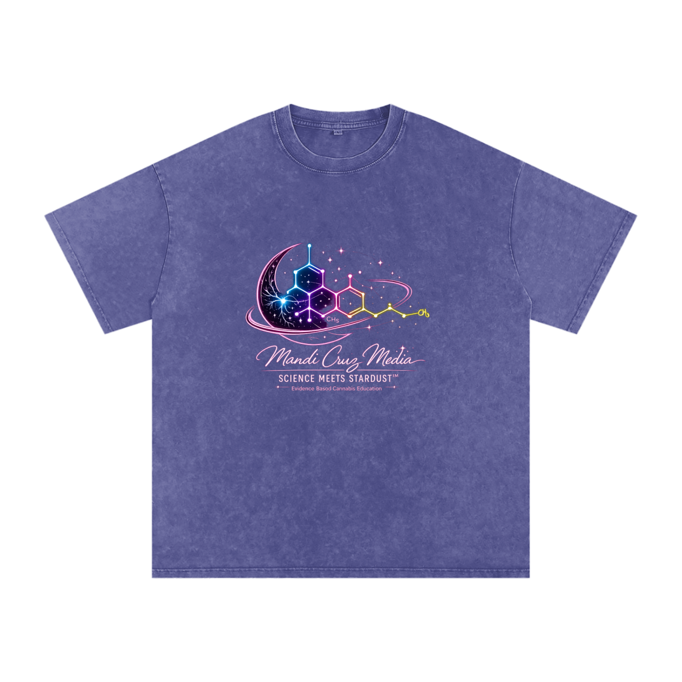 Back view of the Dark Blue Science Meets Stardust™ oversized acid wash tee by Mandi Cruz Media showing its acid-washed finish.