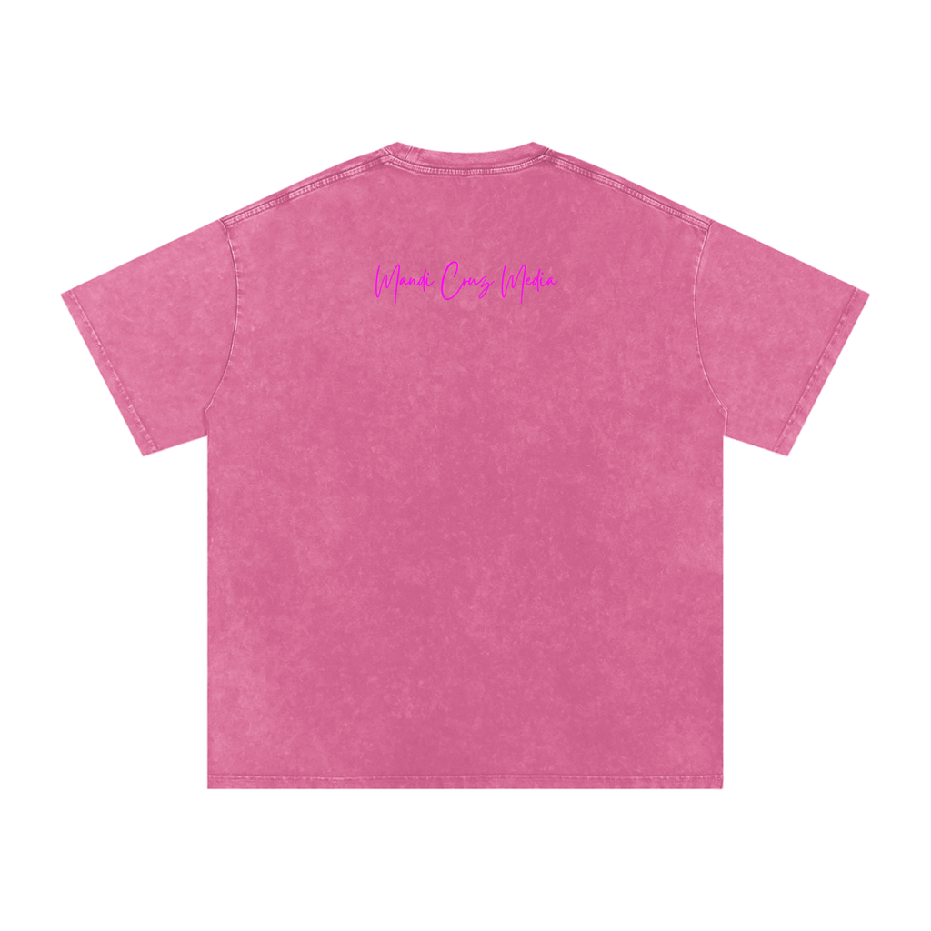 Back view of the Rose Red Science Meets Stardust™ oversized acid wash tee by Mandi Cruz Media showing the vintage-washed finish.