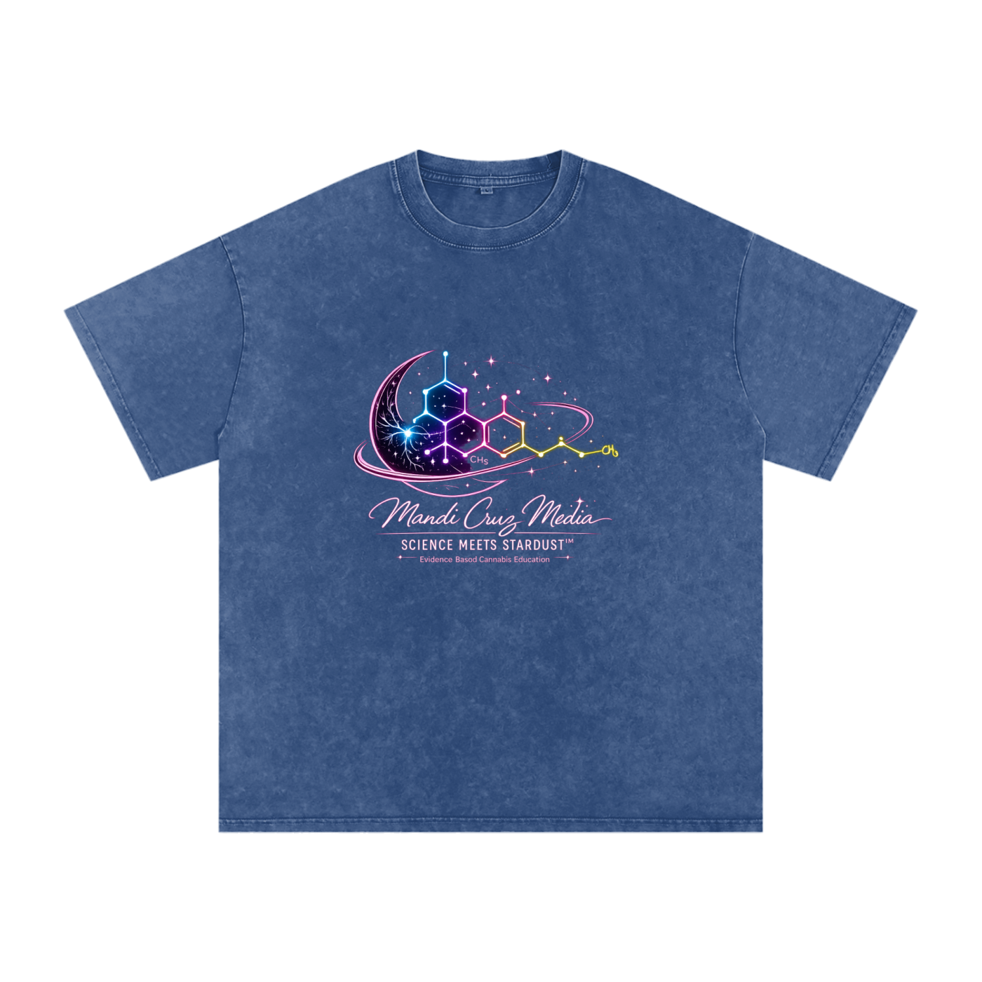 Front view of the Royal Blue Science Meets Stardust™ oversized acid wash tee featuring Mandi Cruz Media THC molecule and celestial artwork.