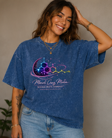 Science Meets Stardust™ THC molecule acid wash tee by Mandi Cruz Media styled as relaxed oversized streetwear.