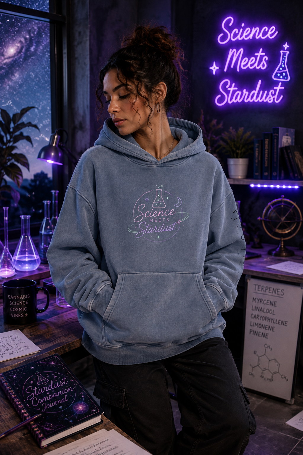 Front lifestyle view of a model wearing the Mandi Cruz Media Smoker’s Lips™ snow wash oversized hoodie.