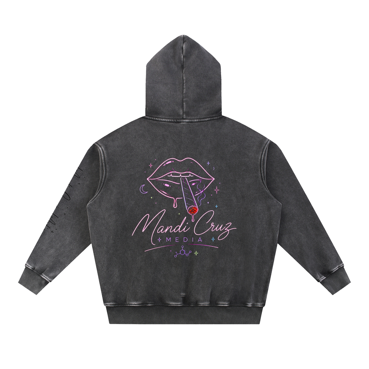 Back view of black Smoker’s Lips™ snow wash oversized hoodie by Mandi Cruz Media featuring signature graphic artwork.