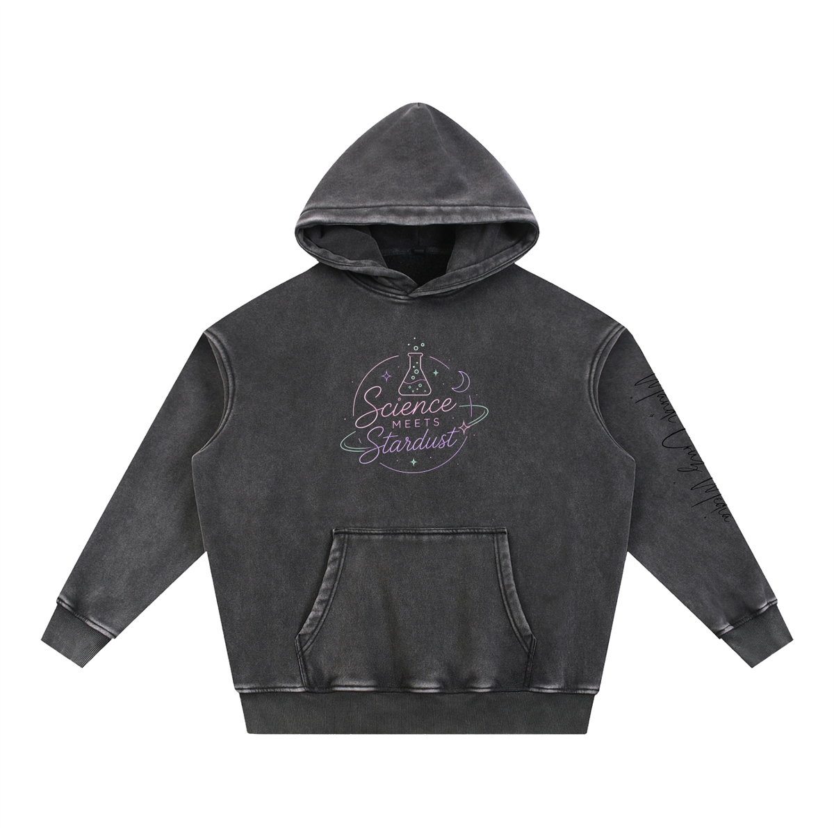 Front view of black Smoker’s Lips™ snow wash oversized hoodie by Mandi Cruz Media with heavyweight vintage fleece finish.