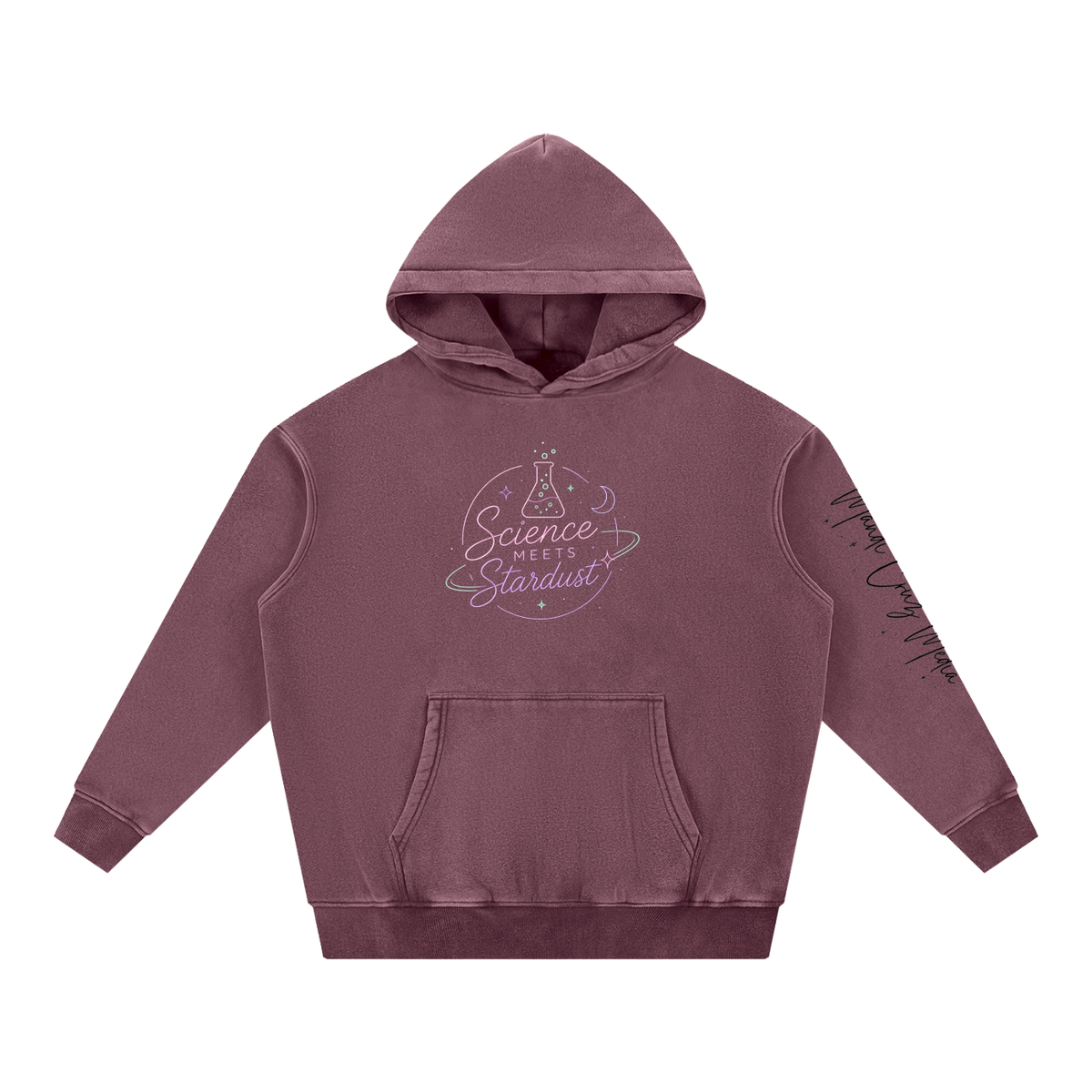 Front view of Jujube Red Smoker’s Lips™ snow wash oversized hoodie by Mandi Cruz Media with relaxed unisex fit.