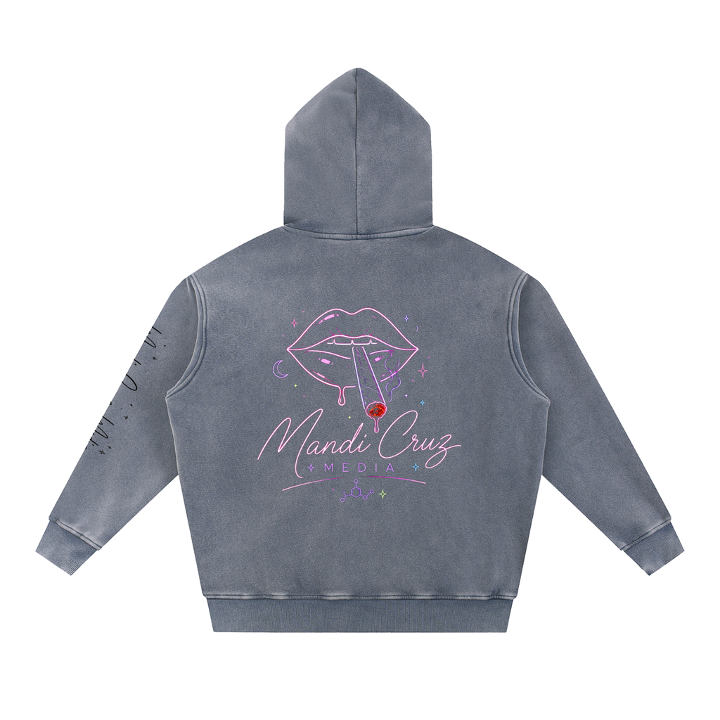 Back view of Royal Blue Smoker’s Lips™ snow wash oversized hoodie by Mandi Cruz Media featuring signature graphic artwork.