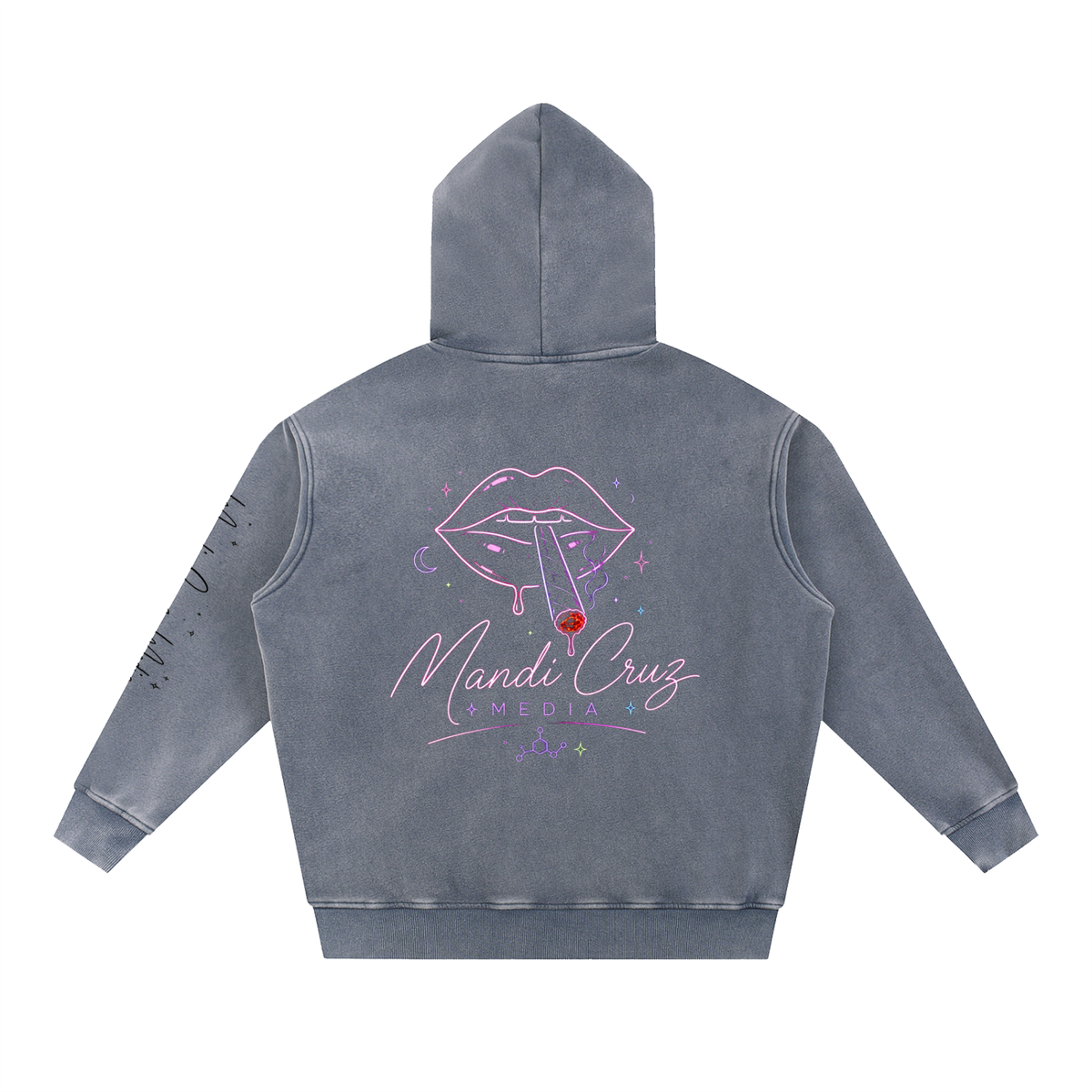 Back view of Royal Blue Smoker’s Lips™ snow wash oversized hoodie by Mandi Cruz Media featuring signature graphic artwork.